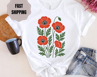 Poppy Linocut T-Shirt: Cottagecore Floral Tee, Boho Wildflower Shirt