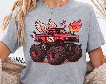 Love Smasher Monster Truck Valentine Shirt, Car Guy Valentine Tee or Sweatshirt, Funny Truck Lover Gift, Cute Hot Rod Love Graphic Shirt