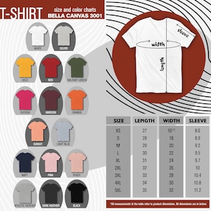 May include: A chart showing the size and color options for Bella Canvas 3001 t-shirts. The chart includes 15 different color options and a size chart with measurements in inches for XS to 5XL.