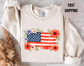 花柄アメリカ国旗シャツ：愛国的な独立記念日Tシャツ