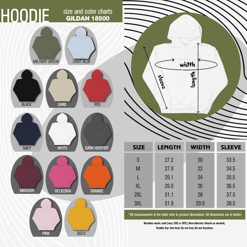 May include: A size and color chart for Gildan 18500 hoodies. The chart shows 12 different colors of hoodies, including military green, light blue, black, sand, red, navy, white, dark heather, maroon, heliconia, orange, pink, and gold. The chart also includes a size chart with measurements for length, width, and sleeve length in inches.