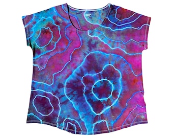 Ice Dyed Tie Dye Dolman T-Shirt, Women's Large  Geode Top, Short Sleeve Boxy Fit Tee, Lands End L #71