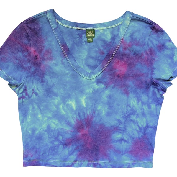 Ice Dyed Crop Top, Tie Dye T-Shirt, Women's Medium V-Neck Cropped Tee, Wild Fable, Blue Purple Pink Funky Festival Shirt, Gift for Her #109