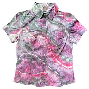 Women&#39;s Large Geode Dyed Button Up Shirt, Women&#39;s Size 10 Collared Short Sleeve, Ann Taylor Tailored Fit L Fitted Ice Dyed Tie Dye Gift #57