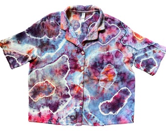 Women’s S Tie Dye Gauze Button Up Shirt - Geode Ice Dyed - Lightweight Cotton #63