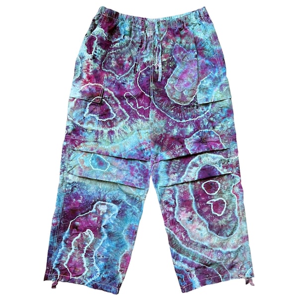 Women's M Ice-Dyed Tie Dye Parachute Pants, Medium Wide Leg Baggy Low-Rise Cargo Pockets, Agate Geode, Gifts for Her, Festival Unique #101