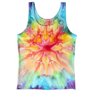 May include: A tie-dye tank top with a colorful swirl pattern in shades of yellow, orange, red, blue, and purple.