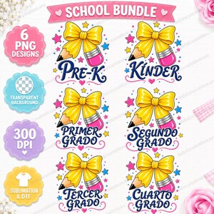 Puede incluir: Un paquete escolar digital con seis diseños de lazos amarillos, lápices y estrellas. El texto incluye SCHOOL BUNDLE, 6 PNG DESIGNS, TRANSPARENT BACKGROUND, 300 DPI, SUBLIMATION & DTF, PRE-K, KINDER, PRIMER GRADO, SEGUNDO GRADO, TERCER GRADO, CUARTO GRADO.