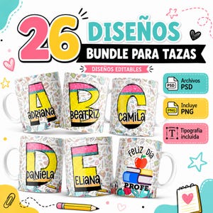 Teacher Mug PNG Bundle | 26 Letras Lápiz Maestra | Nombre Editable PSD | Teacher Appreciation | Sublimación