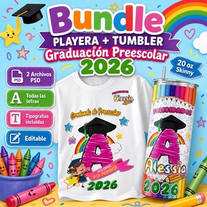Puede incluir: Una camiseta blanca y un vaso delgado de 590 ml con temática de graduación. El diseño incluye una gran letra "A", un arcoíris y el texto "Graduación Preescolar 2026". El vaso está decorado con lápices de colores.