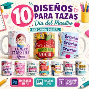 Puede incluir: Imagen promocional que muestra 10 diseños de tazas para el Día del Maestro. Las tazas presentan varios diseños, incluyendo motivos de manzanas, ilustraciones de profesores y texto en español. La imagen también incluye información de descarga digital e iconos.