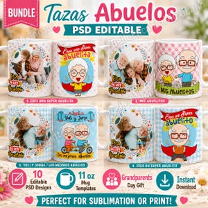 Puede incluir: Un paquete digital de 10 diseños de tazas editables con ilustraciones de abuelos y marcos para fotos. Los gráficos incluyen textos como Tazas Abuelos, Eres una Super Abuelita y Mis Abuelitos, junto con patrones coloridos y plantillas.