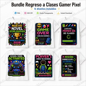 Puede incluir: Una colección de seis camisetas blancas con diseños coloridos de arte pixelado relacionados con videojuegos y la escuela. Los gráficos incluyen textos como Nuevo Nivel Desbloqueado, Game Over Vacaciones, Primer Día de Clases, School Mode Activated, Player 1 Goes to School y Misión Sobrevivir la Escuela.