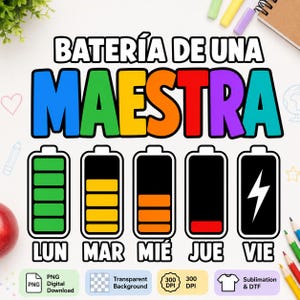 Puede incluir: Un diseño gráfico digital con el texto BATERÍA DE UNA MAESTRA en letras de bloque coloridas. Debajo, cinco iconos de batería representan los días de la semana de LUN a VIE, mostrando niveles de carga decrecientes de verde a rojo.