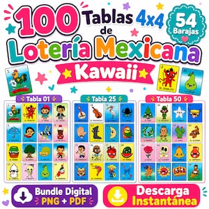 Puede incluir: Un conjunto digital de 100 tablas de Lotería Mexicana con 54 cartas que presentan coloridas ilustraciones estilo kawaii. El texto dice 100 Tablas 4x4 de Lotería Mexicana Kawaii, 54 Barajas, Bundle Digital PNG + PDF y Descarga Instantánea.