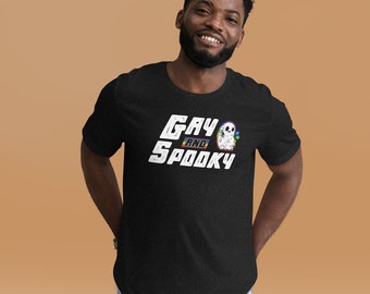 Gay and Spooky Unisex Halloween Short Sleeve Tee | LGBTQ Halloween Shirt