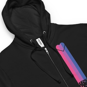 May include: Black zippered hoodie with a dripping bisexual pride flag design and a pink heart.