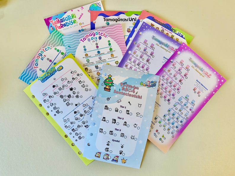 May include: A collection of colorful Tamagotchi guides and charts. The guides feature various designs, including charts, illustrations, and text. The color palette includes blue, pink, green, and yellow. The text includes "Tamagotchi Pix", "Tamagotchi Uni", and "Santacleutchi".