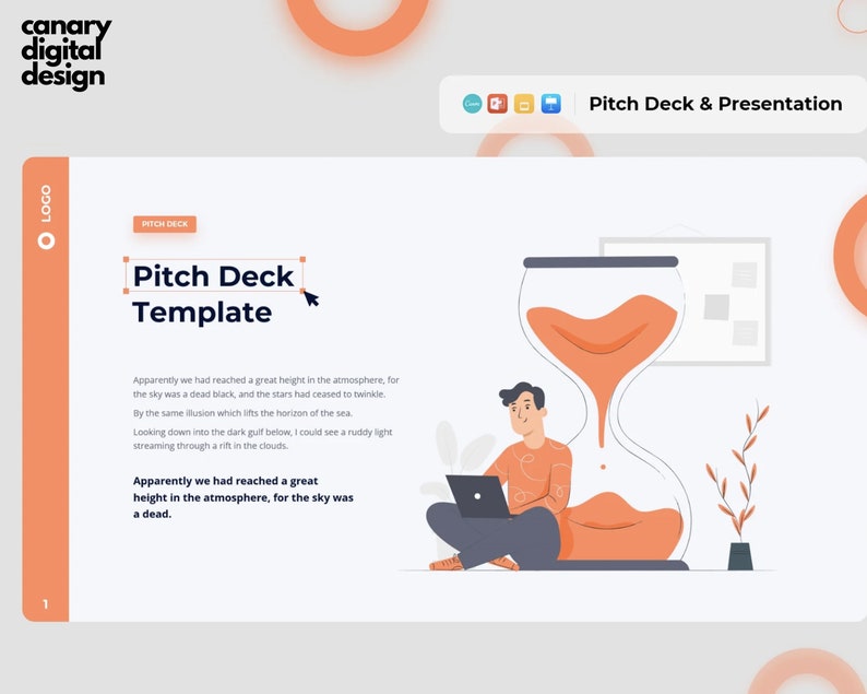 May include: A cartoon illustration of a person sitting inside a large hourglass, working on a laptop. The hourglass is filled with orange sand. The person is wearing a red shirt and blue pants. The background is white with a small plant in the corner. The text "Pitch Deck Template" is in a box with a red border.