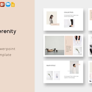 Puede incluir: Una plantilla de PowerPoint con el título "Serenity" y el texto "Collection" y "Maon Style". La plantilla presenta un diseño minimalista con imágenes de personas, plantas y objetos.