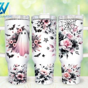 Halloween Ghost 40oz Tumbler Wrap Png, Cute Spooky Ghost 2 pieces 40 oz Tumbler Png, Floral Halloween 40oz Tumbler Png Sublimation