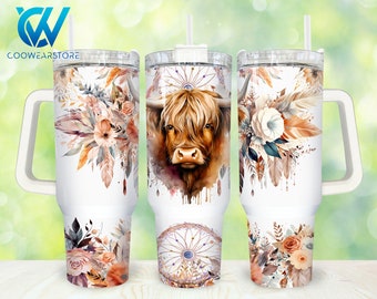 Highland Cow 40oz Tumbler Wrap Png, Boho Floral Highland Cow 2 pieces 40 oz Tumbler Png, Highland Cow 40oz Tumbler Png Sublimation