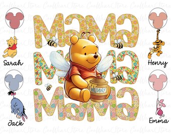 May include: A colourful design with Winnie the Pooh, bee wings, and a honey pot. The word "Mama" is in a floral pattern. Other characters and names are included, along with Mickey Mouse-shaped balloons.