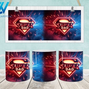 May include: Three white ceramic mugs with a red, blue, and white design. The design features a superhero logo with the text "Super Dad".