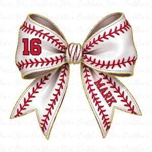 May include: White baseball-themed bow with red stitching and gold glitter trim. The bow has the number "16" and the name "MARK" written on it.