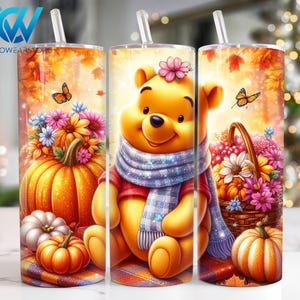 Autumn Fall Bear 20 oz Skinny Tumbler Sublimation Design, Halloween Cartoon 20oz Tumbler Png, Fall Vibes Straight and Taper Tumbler Wrap