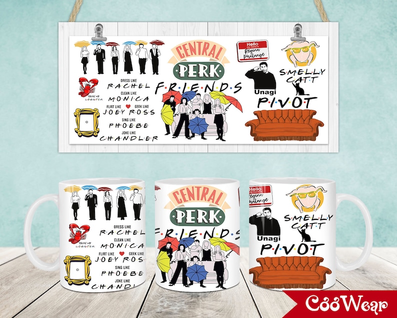 May include: White ceramic mug with a colorful design featuring the characters from the TV show Friends. The mug has the words "Central Perk" and "Friends" on it, along with images of the characters and the iconic orange couch. The mug also has the words "Dress like Rachel", "Clean like Monica", "Flirt like Joey", "Geek like Ross", "Sing like Phoebe", and "Joke like Chandler" on it.