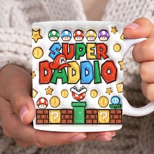 Super Daddio 3D Nadmuchiwany Kubek Wrap, Najlepszy Tata 11oz Kubek Szablon, Tata z Kreskówek 3D Puff 11oz Kubek Png, Projekt Sublimacji Kubka na Dzień Ojca