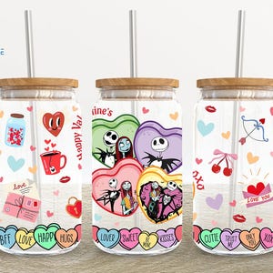 Cartoon Valentines Day 16oz Glass Can Wrap, Valentines 16 oz Glass Can Png, Cartoon 16 oz Libbey Glass Can Wrap, 16 oz Tumbler Wrap Png