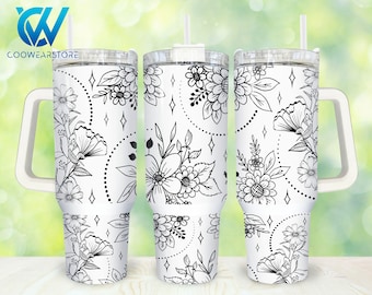 Boho Floral 40oz Tumbler Wrap Png, Black and White Flowers 2 pieces 40 oz Tumbler Png, Flowers Tumbler 40oz Png Sublimation Designs