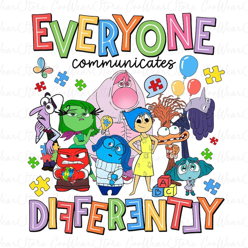 Pu&ograve; includere: Una grafica colorata con personaggi del film Inside Out. I personaggi sono in piedi insieme e il testo "EVERYONE communicates DIFFERENTLY" &egrave; scritto in colori arcobaleno. La grafica &egrave; perfetta per una t-shirt, una borsa o altri prodotti.