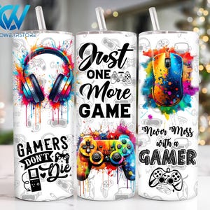 Watercolor Gamer 20 oz Skinny Tumbler Sublimation, Video Game Controller 20oz Skinny Tumbler Png, Gaming Straight and Taper Tumbler Wrap