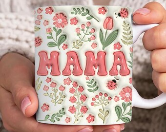 Boho blommig mamma 3D uppblåst muggomslag, 3D Puff mamma 11oz muggmall, mamma 11oz mugg png, mamma kaffemuggar, mugg sublimeringsdesign