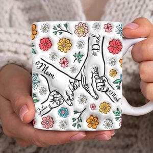 Envoltura de taza inflada 3D de la mano de la familia personalizada, plantilla de taza de papá de 11 oz, taza de mamá de 11 oz png, tazas de café de mamá, diseño de sublimación de taza