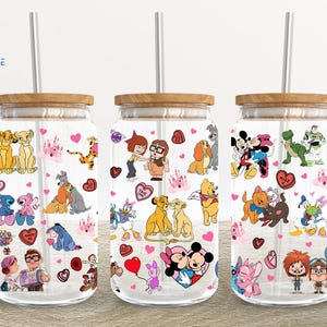 Cartoon Valentines Day 16oz Glass Can Wrap, Valentines 16 oz Glass Can Png, Cartoon 16 oz Libbey Glass Can Wrap, 16 oz Tumbler Wrap Png