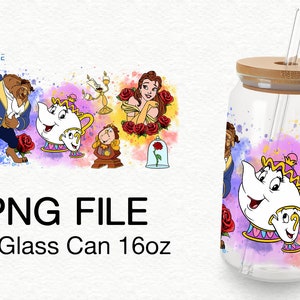 May include: A watercolor-style design featuring characters from Beauty and the Beast on a clear glass can with a bamboo lid and straw. The design includes Belle, Beast, Mrs. Potts, Chip, Lumiere, and the enchanted rose. The can is 16 ounces.