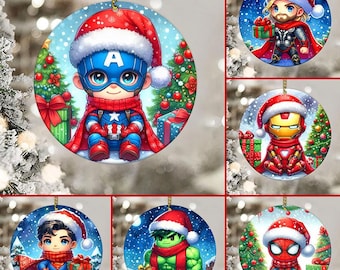 Pack 6 Superheld Weihnachten Ornament Png, Weihnachtsfreunde Ornament Sublimation, 2024 Ornament Png, Frohe Weihnachten 2024 Ornament Png