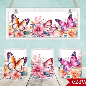 Pink Butterfly Flowers Mug Wrap, 11oz & 15oz Mug Template, Butterfly 11oz Mug Png, 15oz Mug Png, Coffee Mugs Png, Mug Sublimation Design