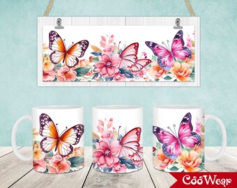 Pink Butterfly Flowers Mug Wrap, 11oz & 15oz Mug Template, Butterfly 11oz Mug Png, 15oz Mug Png, Coffee Mugs Png, Mug Sublimation Design