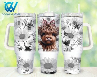 Highland Cow Daisy 40oz Tumbler Wrap Png, Highland Cow Floral 2 pieces 40 oz Tumbler Png, Western Cow 40oz Tumbler Png Sublimation Design