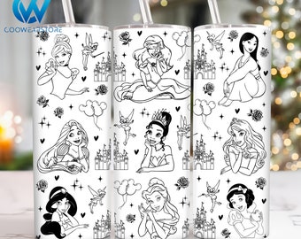 Cartoon-Figuren 20 oz Skinny Tumbler Sublimation, Cartoon Princess 20oz Tumbler Png, Filmfiguren Straight und Taper Tumbler Wrap