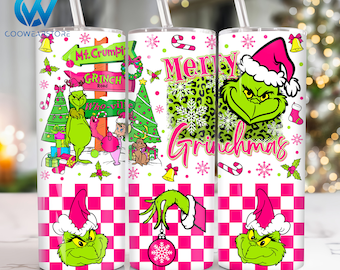 Pink Christmas Character 20 oz Skinny Tumbler Sublimation Design, Merry Christmas 20oz Tumbler Png,Christmas Straight and Taper Tumbler Wrap