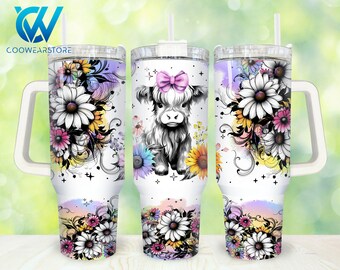 Highland Cow Sunflower 40oz Tumbler Wrap Png, Highland Cow Floral 2 pieces 40 oz Tumbler Png,Western Cow 40oz Tumbler Png Sublimation Design