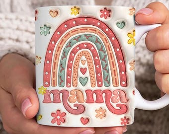 Boho Blumen Mama 3D aufgeblasene Becherverpackung, 3D Hauch Mama 11 Unzen Becher Vorlage, Regenbogen Mama 11 Unzen Becher Png, Mama Kaffeetassen, Becher Sublimationsdesign
