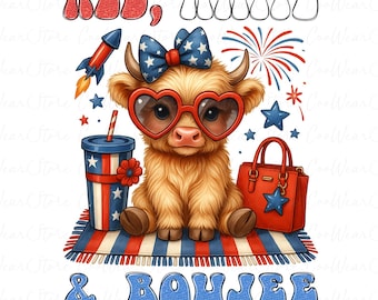 Red White And Boujee Highland Cow Png, 4th of July Png, Baby Cow Png, Memorial Day Png, Independence Day png, Patriotic png, Fourth of July