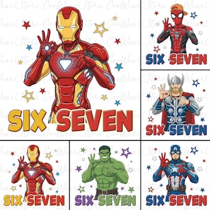 Könnte beinhalten: Illustrationen von Superhelden, darunter Iron Man, Spider-Man, Thor, Hulk und Captain America. Jede Figur zeigt die 'Okay'-Handgeste, darunter die Worte 'SIX SEVEN'. Sterne sind um die Bilder herum verstreut.